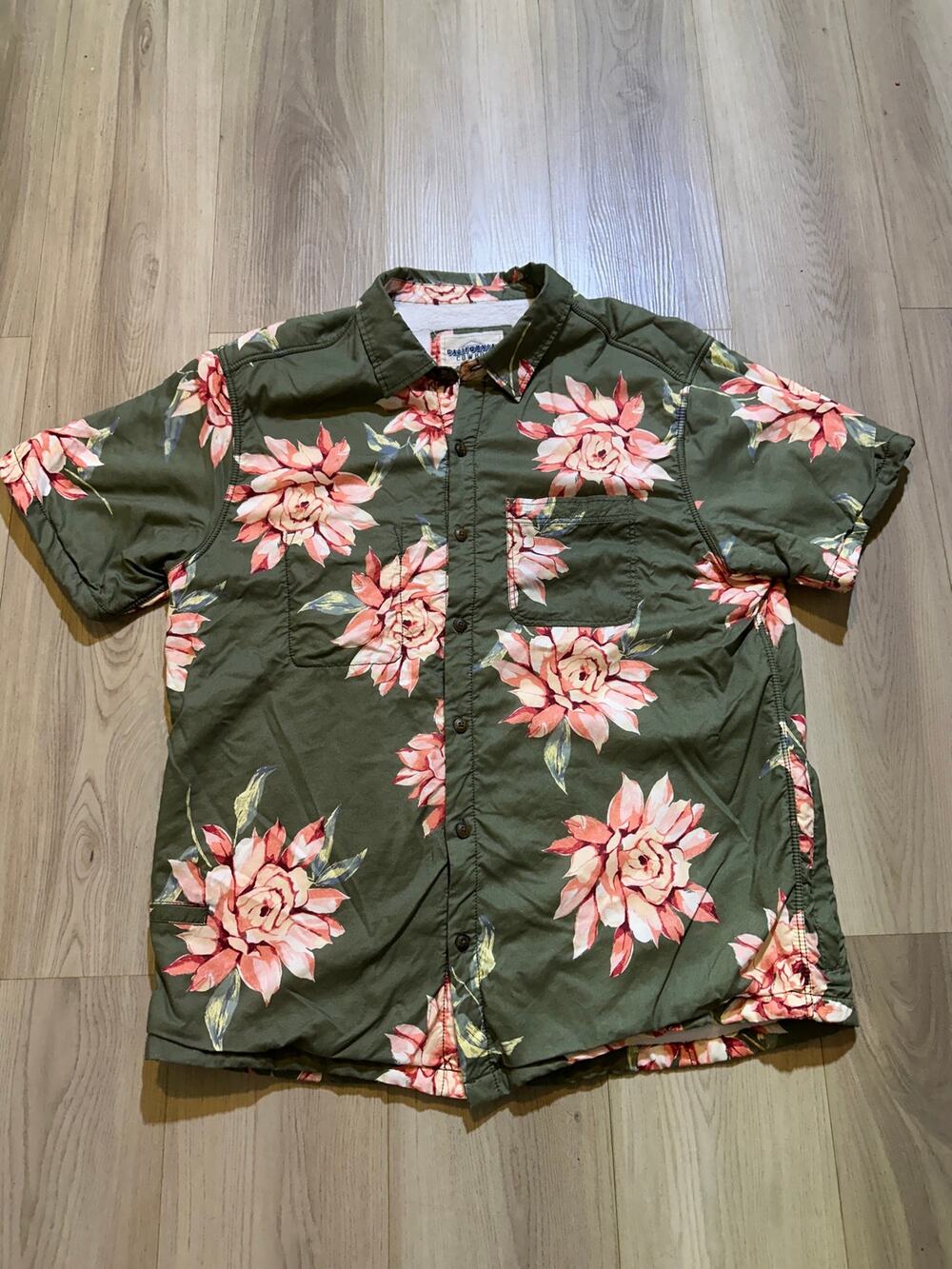 California Cowboy Mens XL High Water Floral Terry Cloth Lined Shirt Olive Pink